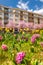 Urban spring landscape with flowering hyacinths and narcissus