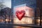 Urban store glass facade storefront decorated with heart designs, for Valentine& x27;s Day