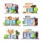 Urban stores colorful flat vector illustrations set