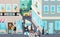 Urban street scene, people living in city, vector illustration