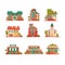 Urban and suburban buildings facade set, brick private houses and municipal public buildings vector Illustrations on a