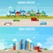 Urban and suburban landscape banner set - modern flat cartoon cityscape