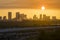 Urban sunset landscape of downtown district of Tampa city in Florida, USA. Dramatic skyline with high skyscraper