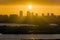 Urban sunset landscape of downtown district of Tampa city in Florida, USA. Dramatic skyline with high skyscraper