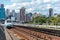 Urban train rail in Sao Paulo, Brazil, with buildings at the backside. Urban train rail, with buildings at the backside