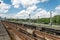 Urban train rail in Sao Paulo, Brazil, with buildings at the backside. Urban train rail, with buildings at the backside