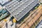 Urban tram depot with the trams. aerial top view