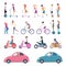 Urban transport. People riding city vehicle bicycle driving electrical scooter skate segway vector cartoon illustrations