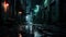 Urban Twilight Charm. Dark alley with weathered textures and graffiti storytelling. Cityscape allure. Generative AI