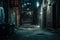 Urban Twilight Charm. Dark alley with weathered textures and graffiti storytelling. Cityscape allure. Generative AI