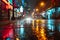 Urban Twilight: Neon Glows on Rain-Slicked Pavement.