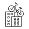Urban type of bike. Line icon bicycle rides on the roofs of skyscraper buildings. Editable outline stroke linear icon