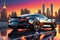 Urban Velocity: Sports Car in Dynamic Motion, Glossy Paint Reflecting a Sunset City Skyline in the Background, Sleek Elegance