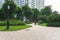 Urban walking road among green tree in modern apartment buildings in big city