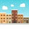 Urban winter landscape. Snowy street. Christmas card Happy Holidays banner. Vector illustration flat design.