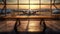 Urban wooden table amidst dreamy airport terminal ambiance.