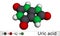 Uric acid molecule. It is heterocyclic compound, crystalline product of protein metabolism, found in the blood and urine.