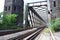 Urmitz, Germany - 08 22 2022: railroad bridge with stone towers on both sides