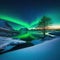 urora Lofoten Green northern Starry sky with polar Night winter landscape with sea with sky