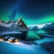 urora Lofoten Green northern Starry sky with polar Night winter landscape with sea with sky