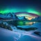 urora Lofoten Green northern Starry sky with polar Night winter landscape with sea with sky