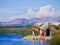 Uros people and their straw house in the lake Titicaca