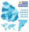 Uruguay detailed administrative blue map with country flag and location on the world map.