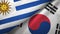 Uruguay and South Korea two flags textile cloth, fabric texture