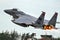 US Air Force F-15C Eagle fighter jet from 104th Fighter Wing taking off from Hohn Airbase during NATO exercise Air Defender 2023.