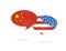 US America and China flags on glossy speech bubble. USA and China trade relations, cooperation strategy.