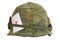 US Army helmet Vietnam war period with camouflage cover and ammo belt and amulet ace of hearts playing card