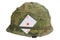 US Army helmet Vietnam war period with camouflage cover and ammo belt and amulet - ace of hearts playing card