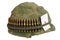 US Army helmet Vietnam war period with camouflage cover, ammo belt and amulet - playing card ace of diamonds