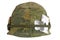 US Army helmet Vietnam war period with camouflage cover and ammo belt, dog tag and amulet