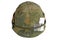 US Army helmet Vietnam war period with camouflage cover and ammo belt, dog tag and amulet ace of clubs playing card