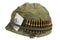 US Army helmet Vietnam war period with camouflage cover and ammo belt, dog tag and amulet ace of hearts playing card