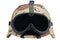 us army kevlar helmet with a desert camouflage cover and protective goggles