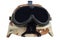 us army kevlar helmet with a desert camouflage cover and protective goggles