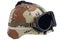 us army kevlar helmet with a desert camouflage cover and protective goggles
