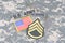 US ARMY Staff Sergeant rank patch, ranger tab, flag patch, with dog tag on camouflage uniform