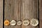 US cent coins over wooden background