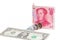 US dollar, Chinese yuan banknote and Japanese yen coins on white