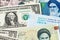 US Dollar and Iran Rial banknotes. USA vs IRAN