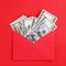 US dollars in cash in envelope on red minimal background Money concept