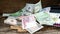 US dollars, Korean Won, Euro bills and some money bills and banknotes.