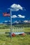 US Flag and covered wagon, Hastings Mesa, near Ridgway, Colorado.