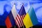 The US flag, Russian flag, Ukraine flag. Flag of USA, flag of Russia, flag of Ukraine. The United States of America and the Russia