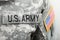 US flag and U.S. ARMY patch on military uniform - close up studio shot