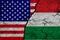 US and Hungary flag on textured cracked ground. The concept of cooperation between the two countries. 3d rendering