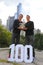 US Open 2014 men doubles champions Bob and Mike Bryan posing with trophy in Central Park